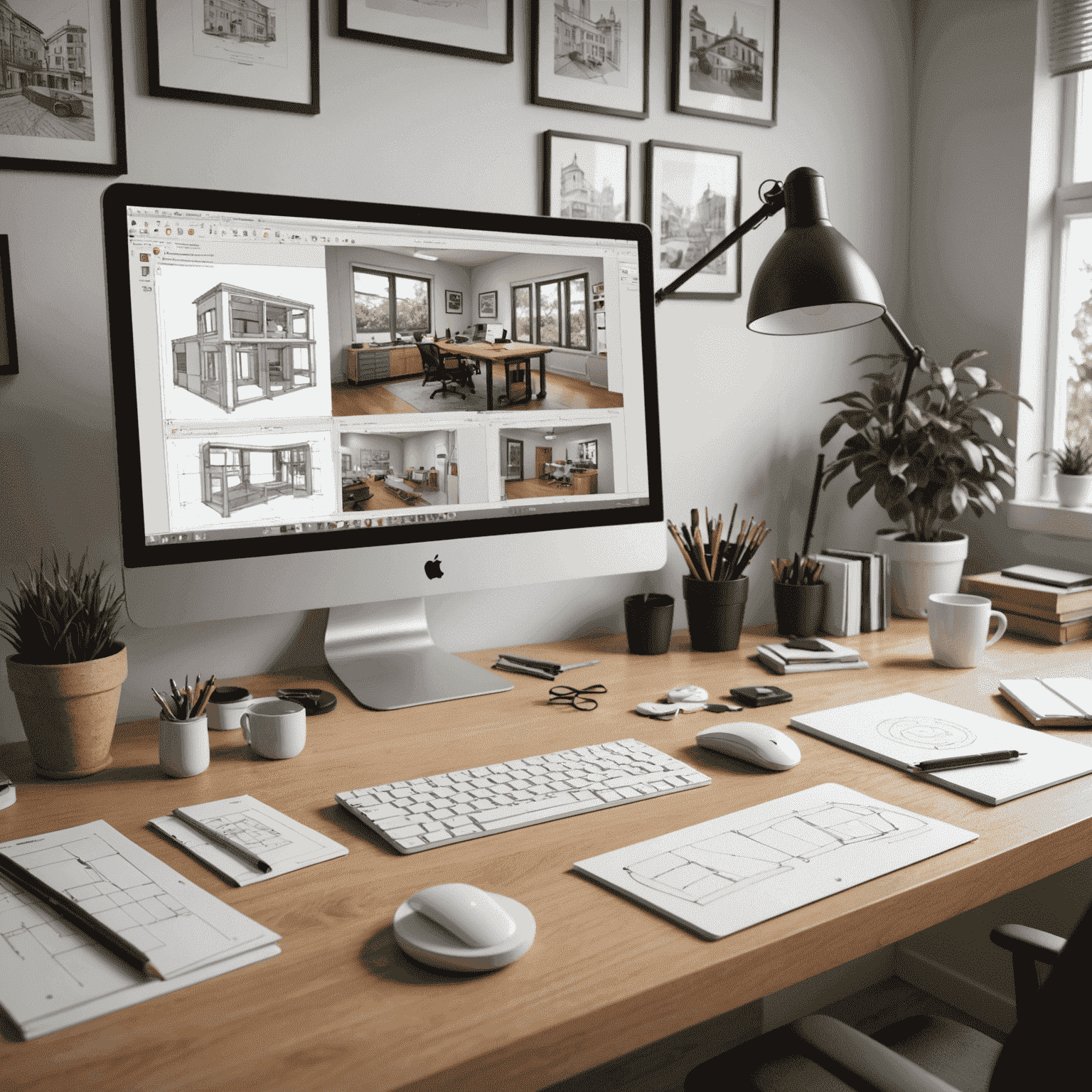 A professional 3D modeling workspace showing a computer with SketchUp software open, displaying a detailed architectural model with various tools and interface elements visible. The workspace includes reference materials and sketches surrounding the monitor.