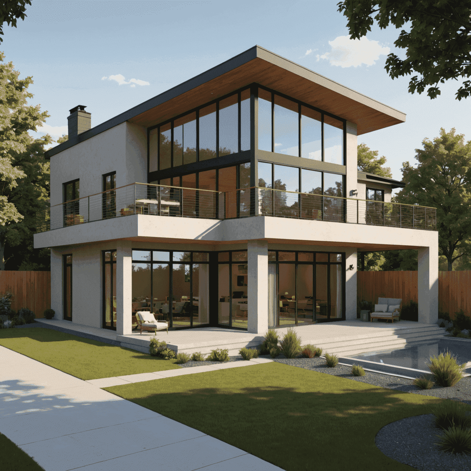 A detailed architectural 3D model created in SketchUp showing a modern house with clean lines, large windows, and surrounding landscape elements. The model demonstrates proper use of materials, textures, and lighting techniques.