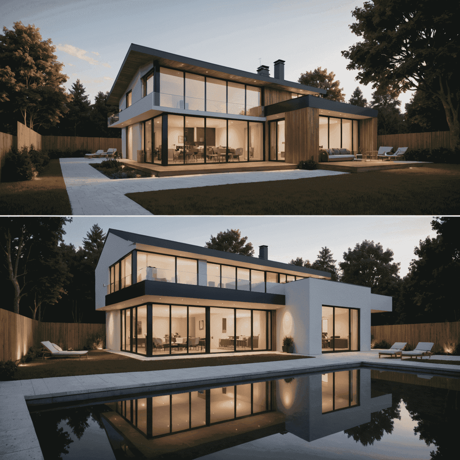 A photorealistic architectural render showing a modern house with perfect lighting, reflections, and materials, side by side with a basic SketchUp model of the same structure, demonstrating the transformation process.