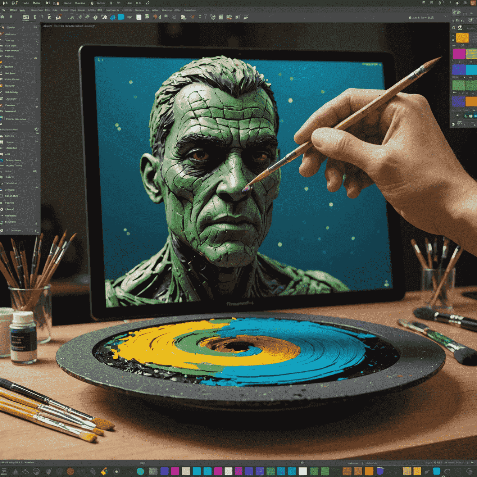 Screenshot showing ThruPaint in action with a user painting textures directly onto a 3D model with various brush options visible