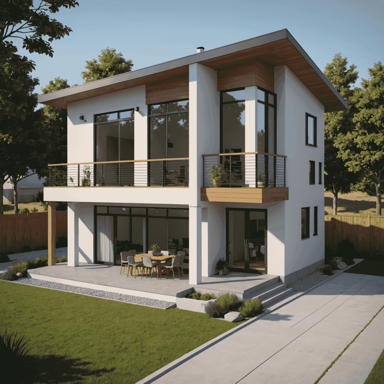 A beginner-friendly architectural 3D model in SketchUp showing a simple modern house with labeled components and tool indicators for new users