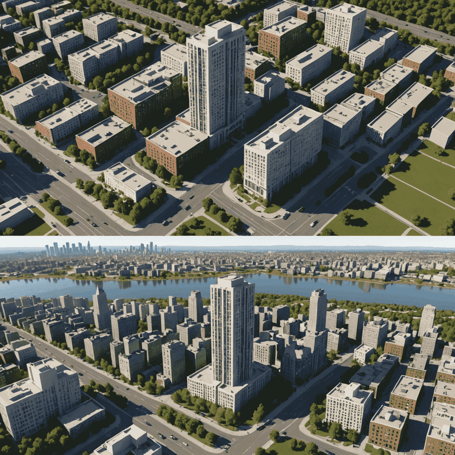 Complex 3D city model in SketchUp with performance metrics overlay showing before and after optimization results