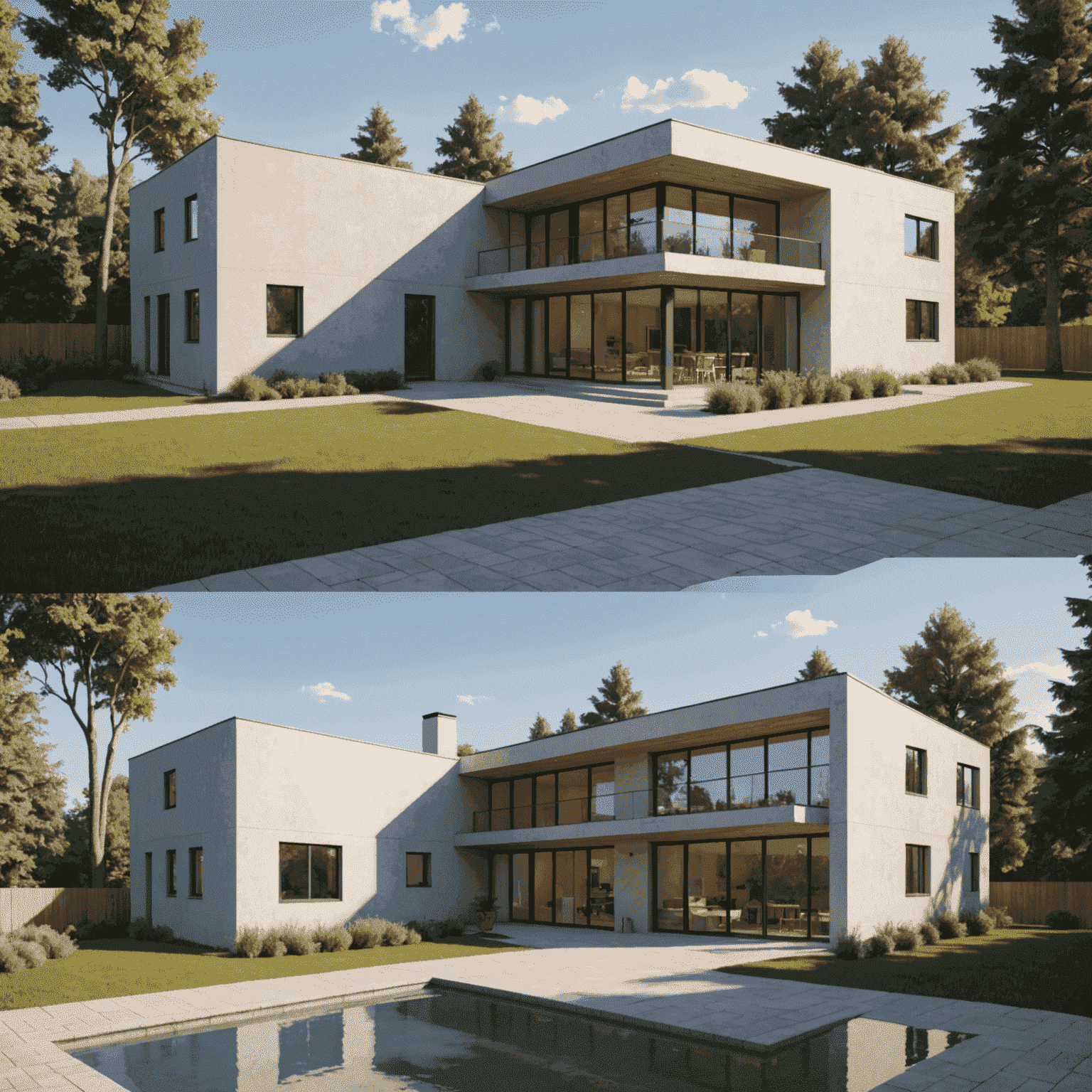 Side-by-side comparison of a basic SketchUp model and its photorealistic rendered version with realistic lighting, materials and shadows