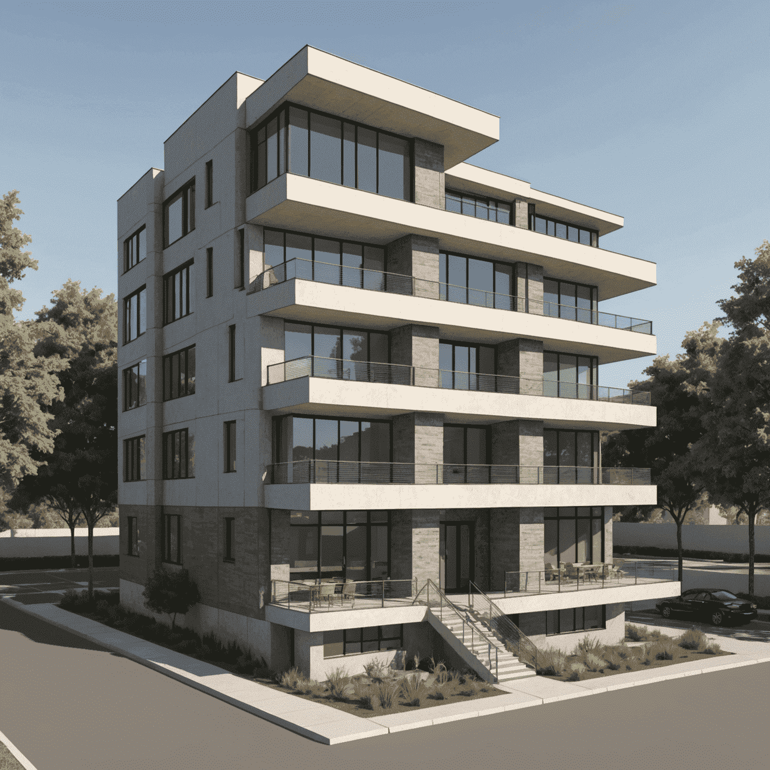 Architectural model rendered in SketchUp with a sketchy, hand-drawn style showing line work and minimal shading, demonstrating how styles can be used to create conceptual presentations.