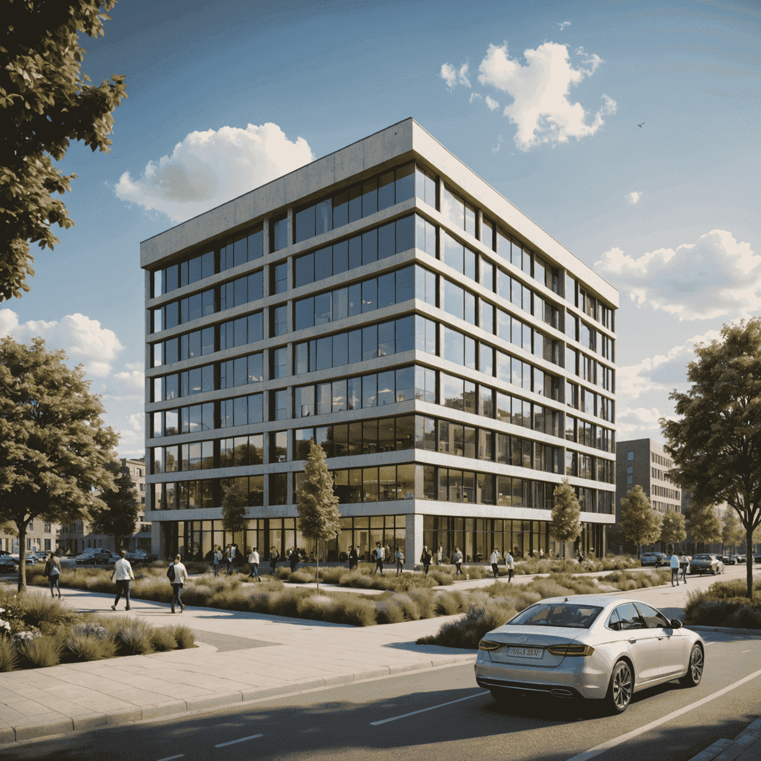 Architectural render showing a building model placed in a complete environment with landscaping, people walking around, parked cars, and a realistic sky background.