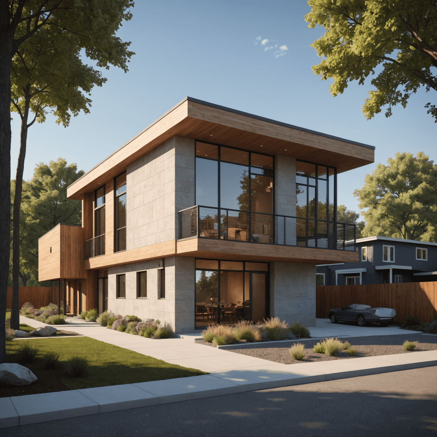 The same architectural model rendered in SketchUp with realistic materials, textures, and shadows showing accurate lighting conditions for a specific time of day, demonstrating photorealistic presentation capabilities.