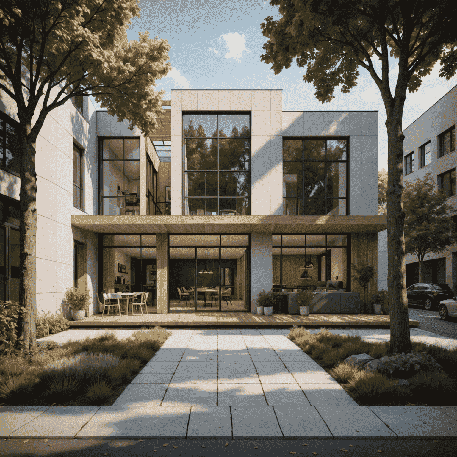 Architectural render with composition grid overlay showing rule of thirds application, with key architectural elements positioned at intersection points.