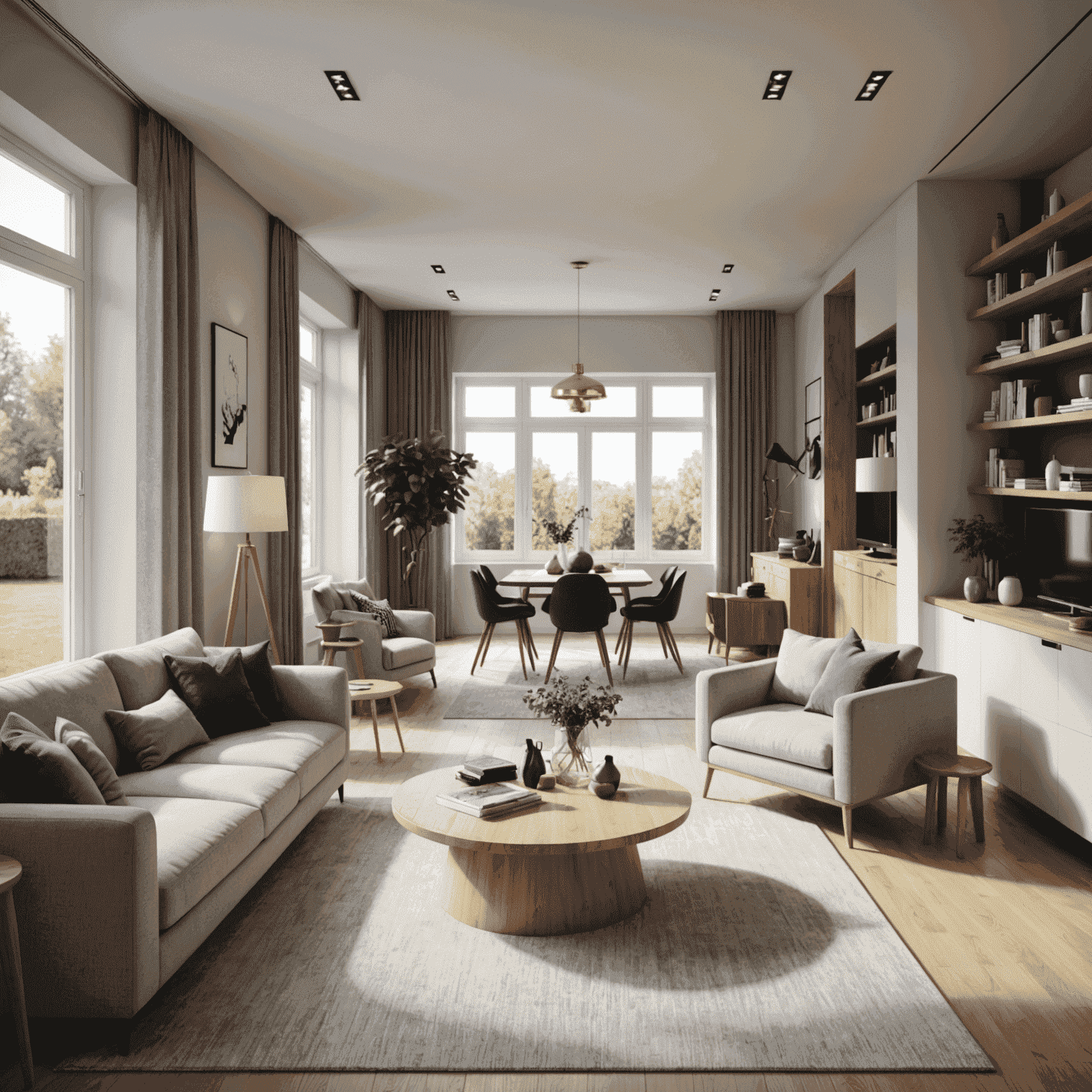 Interior render demonstrating depth of field effect, with foreground furniture slightly blurred and the main architectural feature in sharp focus.